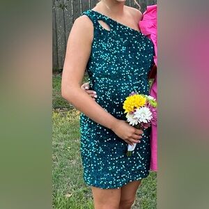 Green sequin one shoulder dress